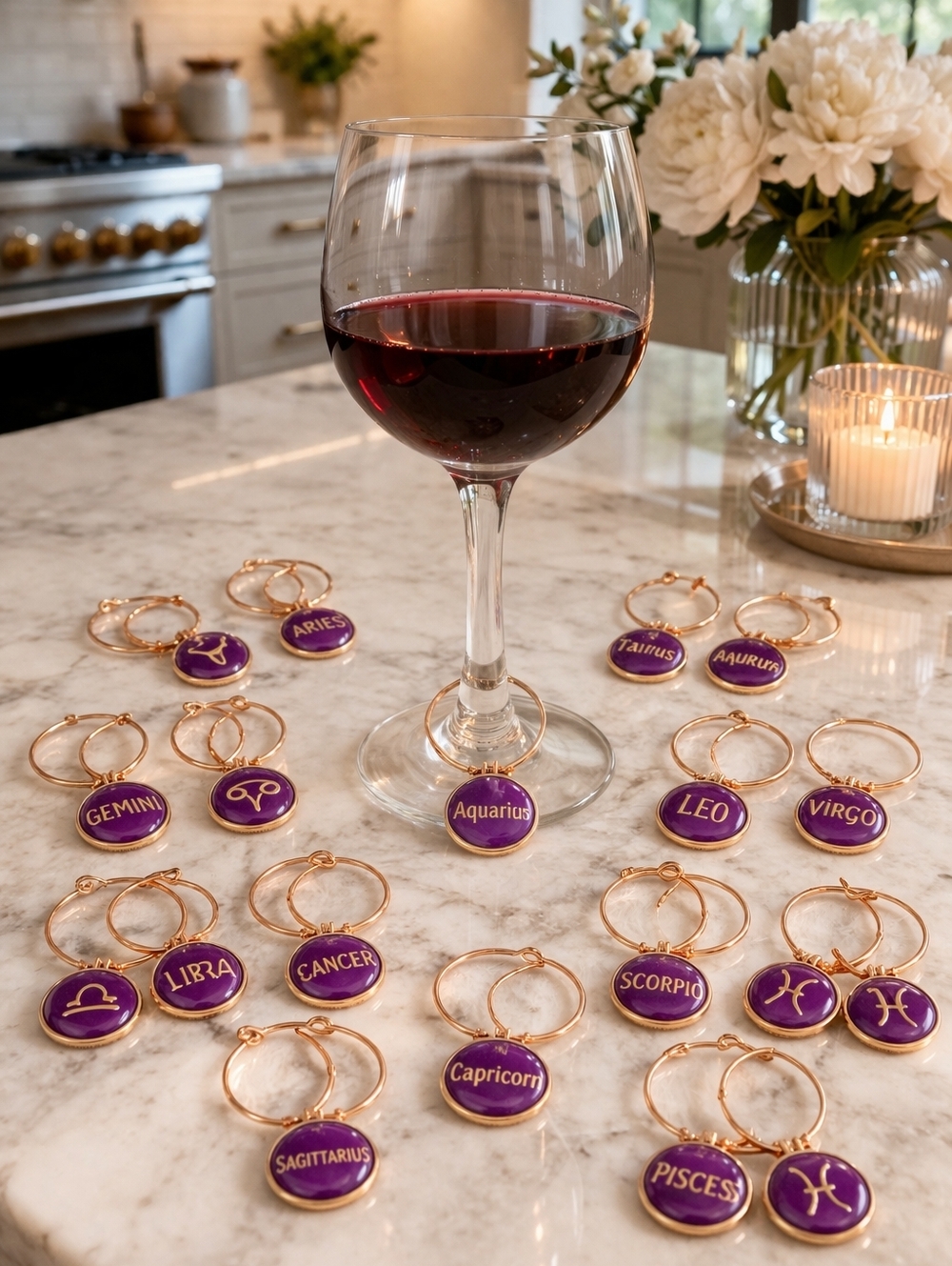 Gold Purple Zodiac Wine Glass Charms - Set 12 - Handcrafted - Gold Plated